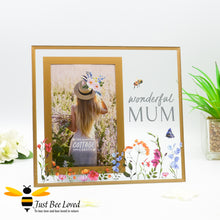 Load image into Gallery viewer, Glass photo frame with &quot;wonderful mum&quot; decal, painted flowers and bumblebees