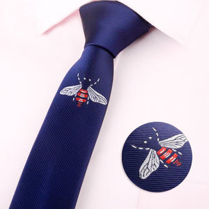 Men's navy colour bee embroidery skinny necktie
