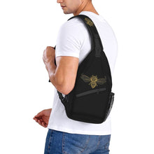 Load image into Gallery viewer, Men's black sling backpack with gold bee print
