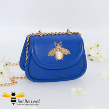 Load image into Gallery viewer, Blue Faux Leather mini purse bag with gold bee decoration