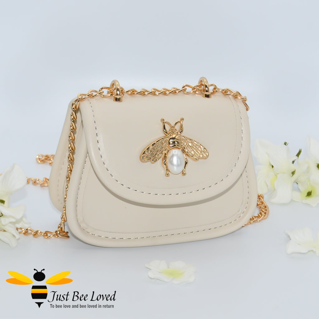 Cream Faux Leather mini purse bag with gold bee decoration