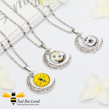 Load image into Gallery viewer, Crescent Moon and Round Glass Bee Pendant Silver Necklaces