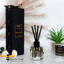 Load image into Gallery viewer, Luxury glass hexagon vegan reed diffuser with chunky short rattan reeds. Fragrance of Moonlight Jasmine