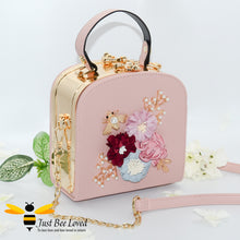 Load image into Gallery viewer, hand-crafted 3D embellished square metal handbag featuring a bouquet of flowers, golden leaves with a pearlised bee in salmon pink