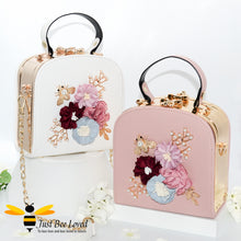 Load image into Gallery viewer, hand-crafted 3D embellished square metal handbags featuring a bouquet of flowers, golden leaves with a pearlised bee in pink and white