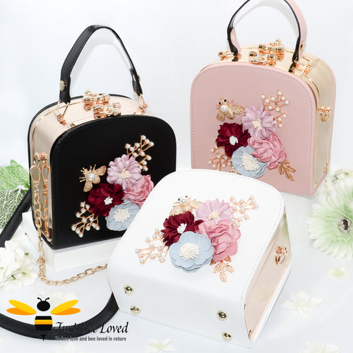 hand-crafted 3D embellished square metal handbags featuring a bouquet of flowers, golden leaves with a pearlised bee in black, pink and white