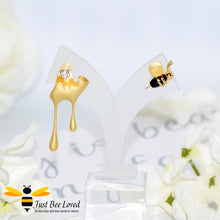 Load image into Gallery viewer, Sterling silver 18kt gold plated asymmetrical earrings featuring honey drips and 3D gold and black honey bee.