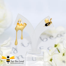 Load image into Gallery viewer, 18kt gold plated asymmetrical honey drips and bee stud sterling silver earrings.  