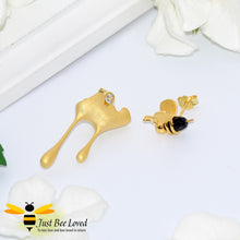 Load image into Gallery viewer, 18kt gold plated asymmetrical honey drips and bee stud sterling silver earrings.