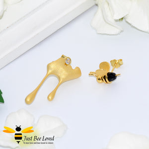 18kt gold plated asymmetrical honey drips and bee stud sterling silver earrings.  