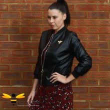 Load image into Gallery viewer, Women's faux vegan friendly leather black biker bomber baseball jacket featuring bee embroidery detailing