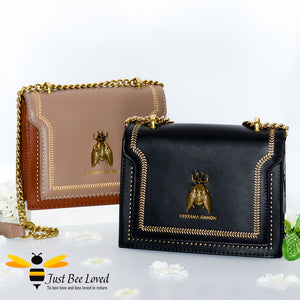 Luxury vegan leather handbags in black and brown with large gold bee decoration