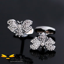 Load image into Gallery viewer, silver bee shaped cufflinks detailed with white &amp; black crystals