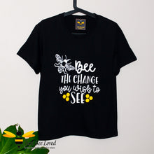Load image into Gallery viewer, Women&#39;s black cotton crew neck T-shirt with Mahatma Gandhi quote &quot;Be the change you want to see&quot; with a bumblebee design