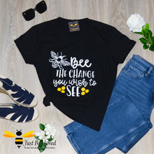 Load image into Gallery viewer, Women's black cotton crew neck T-shirt with Mahatma Gandhi quote "Be the change you want to see" with a bumblebee design