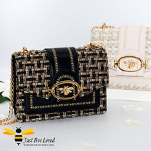 Load image into Gallery viewer, Woven faux leather handbags with gold bee decoration in black and cream colours