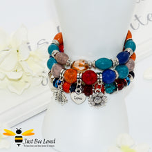 Load image into Gallery viewer, Bohemian gypsy styled 3-layer stack beaded bracelet featuring bee, love-heart and sunflower charms in multicolour blues, orange and brown