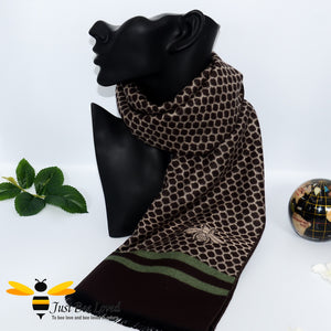 men's faux cashmere brown scarf with honeycomb and bee print