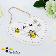 Load image into Gallery viewer, Handmade decoupaged love heart plaque painted and decorated with bumblebees and &quot;Bee Happy&quot; text.