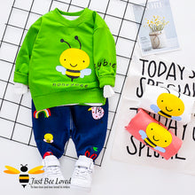 Load image into Gallery viewer, children&#39;s colourful sweatshirt &amp; jeans set features a cute honey bee front print with matching dark denim jeans with animals and rainbows.  