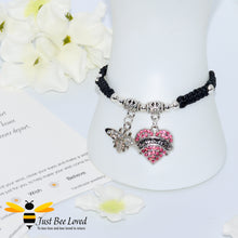 Load image into Gallery viewer, handmade Shamballa wish bracelet featuring a bee charm and love heart engraved with &quot;Daughter&quot; in black colour
