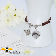 Load image into Gallery viewer, Brown Shamballa wish bracelet featuring a bee charm and love heart engraved with "Daughter" with verse card.
