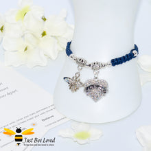Load image into Gallery viewer, Navy Shamballa wish bracelet featuring a bee charm and love heart engraved with "Daughter" with verse card.