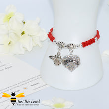 Load image into Gallery viewer, Red Shamballa wish bracelet featuring a bee charm and love heart engraved with "Daughter" with verse card.