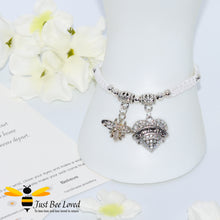 Load image into Gallery viewer, White Shamballa wish bracelet featuring a bee charm and love heart engraved with "Daughter" with verse card.