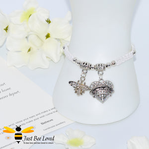 handmade Shamballa wish bracelet featuring a bee charm and love heart engraved with "Daughter" in white colour