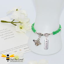 Load image into Gallery viewer, Handmade green Shamballa Bee Charm bracelet for friend with sentimental friend verse card