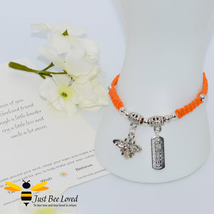 Handmade orange Shamballa Bee Charm wish bracelet for friend with sentimental verse cards