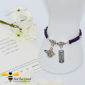 Handmade purple Shamballa Bee Charm wish bracelet for friend with sentimental verse cards