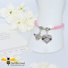 Load image into Gallery viewer, Pink shamballa bee charm bracelet featuring a love heart engraved with Mom with a verse card