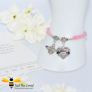 handmade Shamballa wish mother bracelet in pink featuring a bee and love heart engraved with "Mom" with sentimental verse card