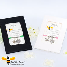 Load image into Gallery viewer, handmade Shamballa wish mother bracelets featuring a bee and love heart engraved with "Mom" with sentimental verse cards