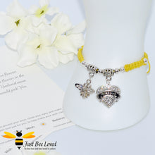 Load image into Gallery viewer, Yellow shamballa bee charm bracelet featuring a love heart engraved with Mom with a verse card