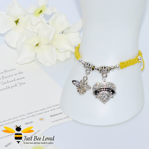 handmade Shamballa wish mother bracelet in yellow featuring a bee and love heart engraved with "Mom" with sentimental verse card