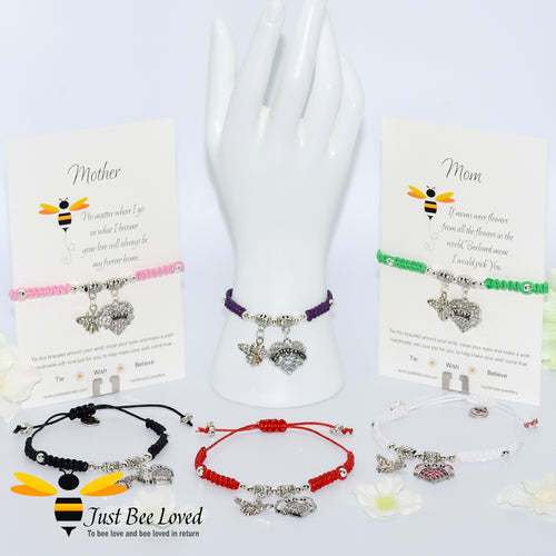 handmade Shamballa wish charm bracelets featuring a bee and love heart engraved with 