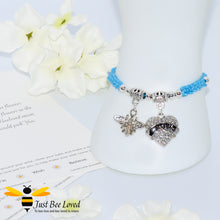Load image into Gallery viewer, Blue shamballa bee charm bracelet featuring a love heart engraved with Mom with a verse card