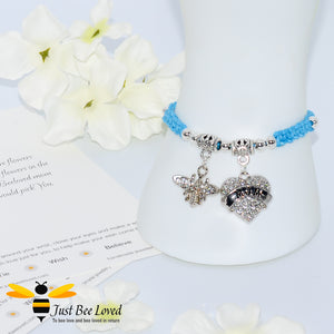 handmade Shamballa wish mother bracelet in light blue featuring a bee and love heart engraved with "Mom" with sentimental verse card