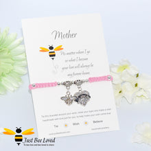 Load image into Gallery viewer, handmade Shamballa wish mother bracelet in pink featuring a bee and love heart engraved with &quot;Mom&quot; with sentimental verse card