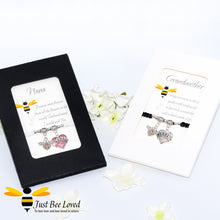 Load image into Gallery viewer, handmade Shamballa wish bracelets for grandmother nana featuring a bee charm and heart engraved with "Nana" with sentimental verse cards
