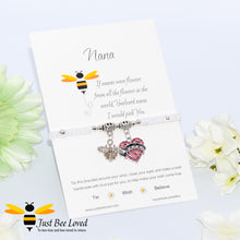 Load image into Gallery viewer, White Shamballa wish bracelet featuring a crystal bee and heart engraved with "Nana" with grandmother verse card