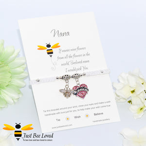 handmade white Shamballa wish bracelet for grandmother nana featuring a bee and love heart engraved with "Nana" with sentimental verse card