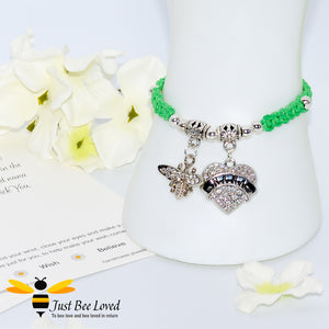 handmade green Shamballa wish bracelet for grandmother nana featuring a bee and love heart engraved with "Nana" with sentimental verse card