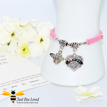 Load image into Gallery viewer, handmade pink Shamballa wish bracelet for grandmother nana featuring a bee and love heart engraved with &quot;Nana&quot; with sentimental verse card