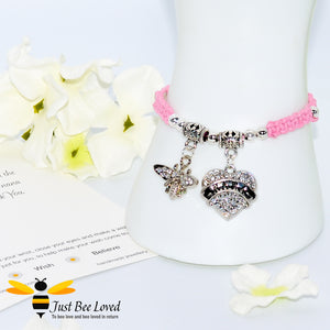 handmade pink Shamballa wish bracelet for grandmother nana featuring a bee and love heart engraved with "Nana" with sentimental verse card