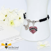 Load image into Gallery viewer, handmade black Shamballa wish bracelet for grandmother nana featuring a bee and love heart engraved with &quot;Nana&quot; with sentimental verse card