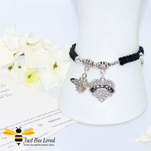 Load image into Gallery viewer, Black Shamballa wish bracelet featuring a crystal bee and heart engraved with "Nana" with grandmother verse card